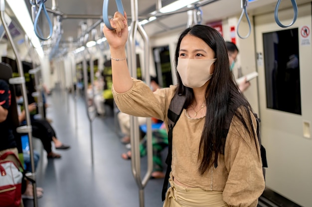 Asian woman travel in the city alone. Young tourist girl in Bangkok Thailand on summer holiday.