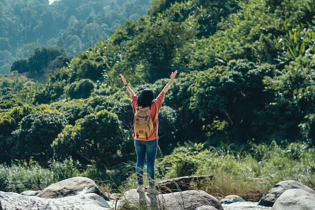 Asian woman traveler standing on rock and arms up in the air at landscape