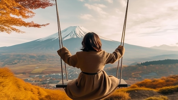 asian woman traveler on a swing against background of Mount FujiJapan in autumn