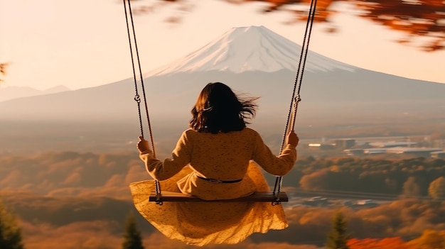 秋の富士山を背景にブランコに乗るアジアの女性旅行者日本