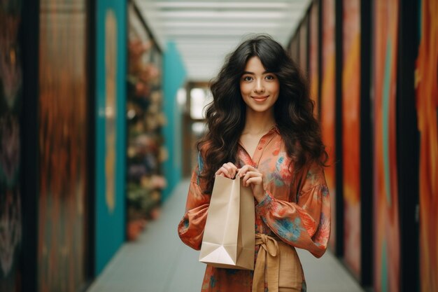 Photo asian woman in trendy dress holding