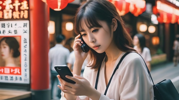 Азиатская женщина использует телефон