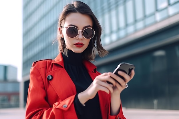 거리 생성 AI에서 스마트폰을 들고 있는 성인 소녀를 사용하는 아시아 여성