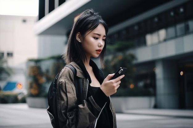 Азиатская женщина использует смартфон, взрослая девушка держит мобильный телефон на улице, генерирующий искусственный интеллект