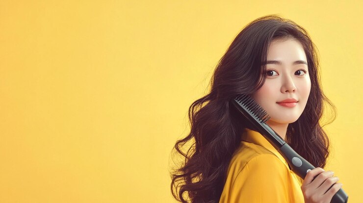 Photo 머리 철을 사용하는 아시아 여성