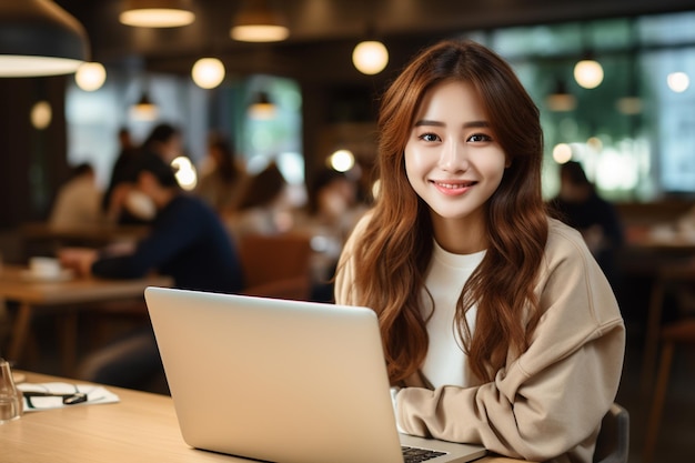 Asian woman using laptop on table smiling