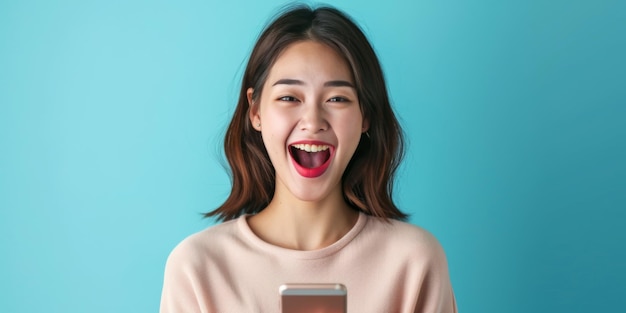 アジア人女性がスマートフォンを使って広告を出し口を開けて興奮を表しています