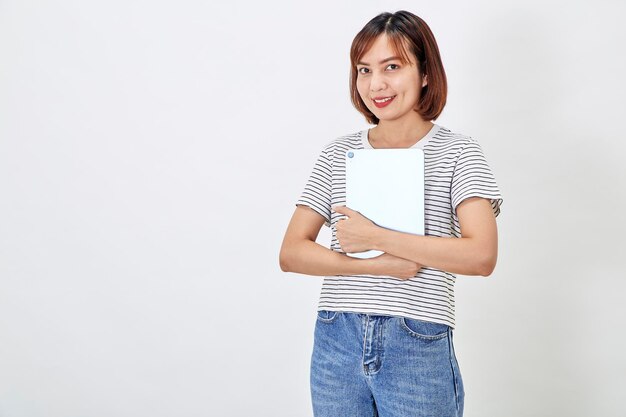 Photo asian woman using tablet computer on white background