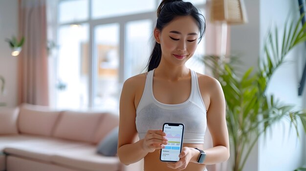 Asian Woman Using Yoga App on Smartphone and Smartwatch This image is perfect for showcasing the intersection of technology health and lifestyle