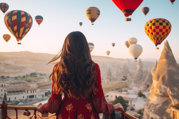 an asian woman watching hot air balloons in cappadocia turkey