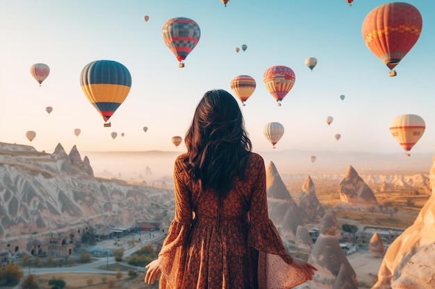 カパドキアのトルコで熱気球を見ているアジア人女性