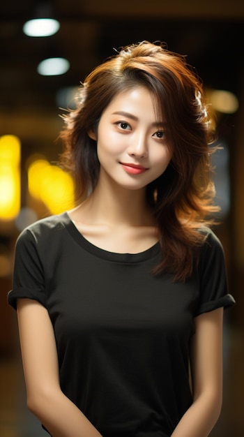 Asian woman wearing balck tshirt smiling on blurred background