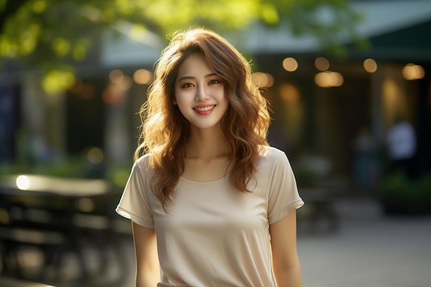 Asian woman wearing beige tshirt smiling on blurred background