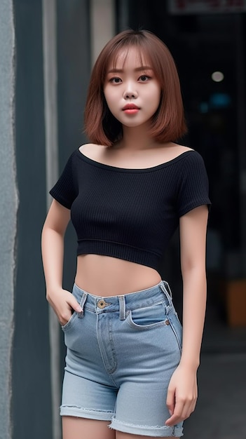 Asian woman wearing black crop top and jeans