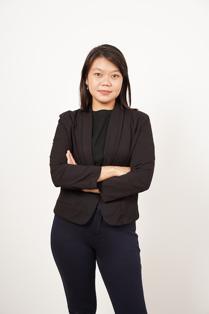 Asian Woman Wearing black suit Crossed arms and looking at the camera Isolated on white background