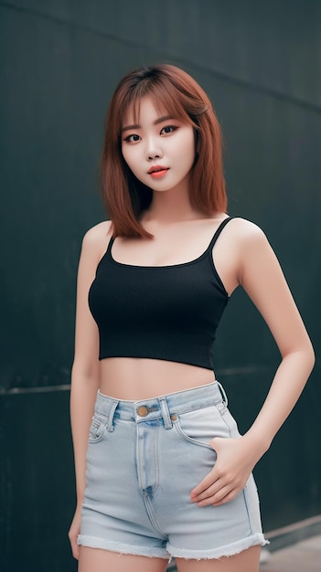 Asian woman wearing black tank top and jeans