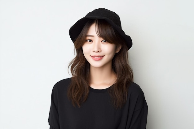 Asian woman wearing black tshirt and black hat smiling on white background