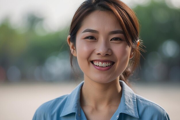 푸른 셔츠를 입은 아시아 여성이 흐릿한 배경에 미소 짓고 있다