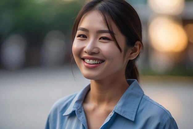 푸른 셔츠를 입은 아시아 여성이 흐릿한 배경에 미소 짓고 있다