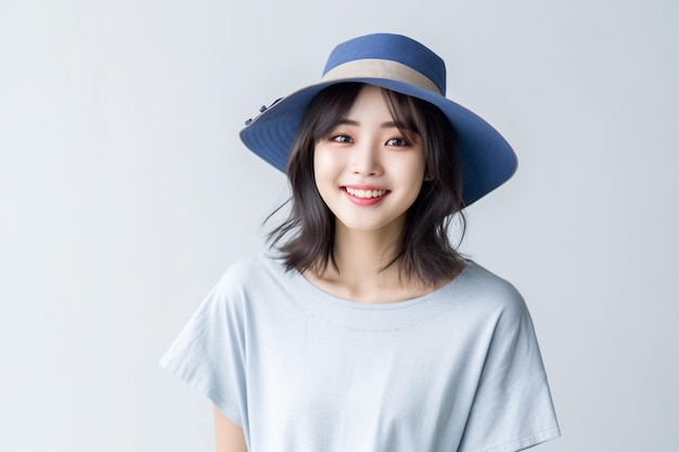 흰색 바탕에 파란색 티셔츠와 모자를 쓴 아시아 여성