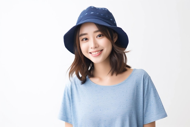 Asian woman wearing blue tshirt and hat on white background