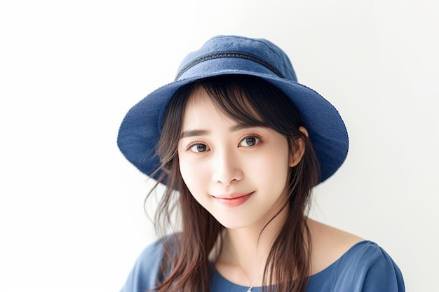 Asian woman wearing blue tshirt and hat on white background