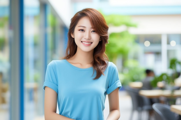 Asian woman wearing blue tshirt smiling on blurred background