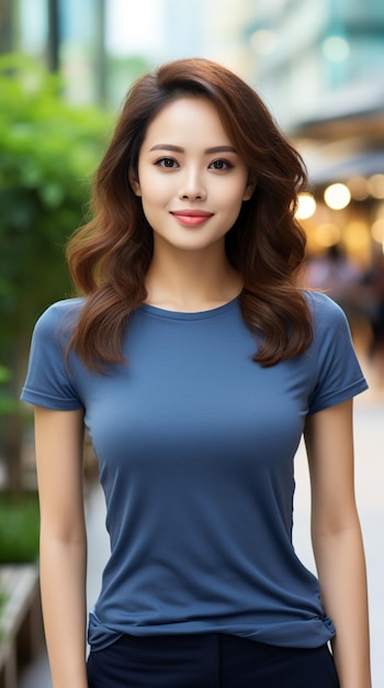 Asian woman wearing blue tshirt smiling on blurred background