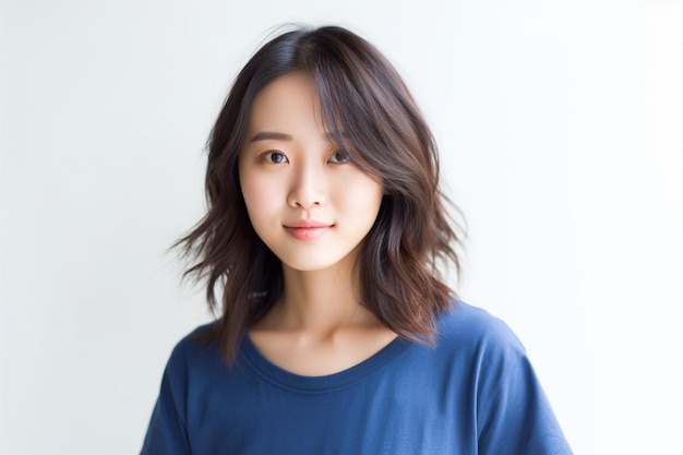 Asian woman wearing blue tshirt smiling on white background