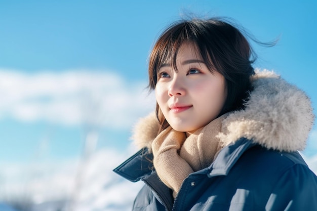 Asian woman wearing a blue winter coat stands in the snow