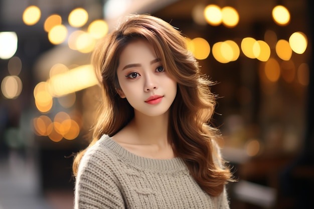 Asian woman wearing brown sweater smiling on blurred background