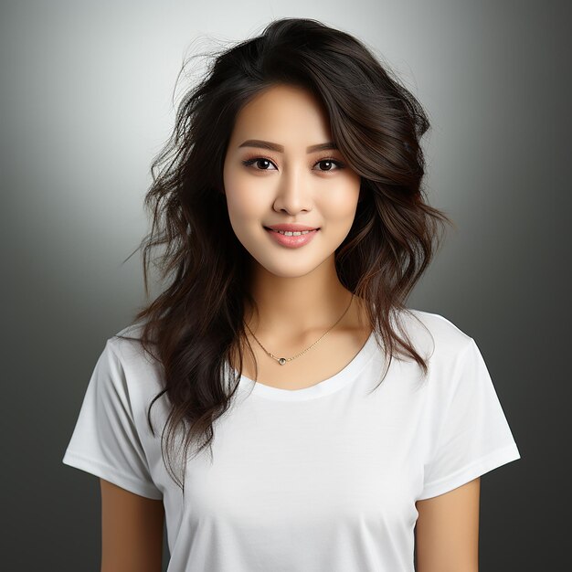 Asian woman wearing casual tshirt with happy smiling expression on white background for smile day