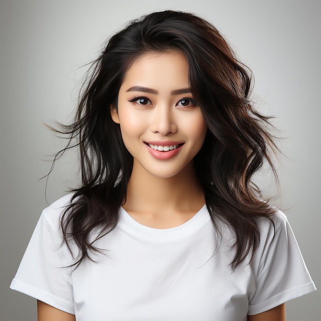 Asian woman wearing casual tshirt with happy smiling expression on white background for smile day