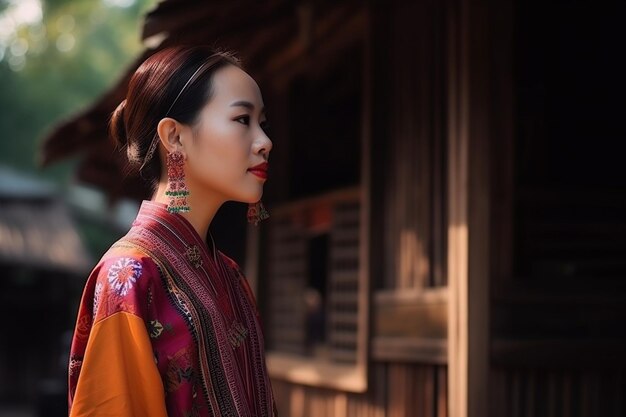 Asian woman wearing chinese traditional dress at ban rak thai village in mae hong son province thailand