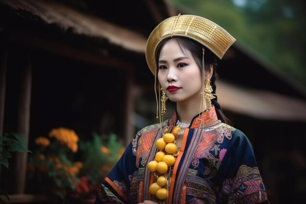 Asian woman wearing chinese traditional dress at ban rak thai village in mae hong son province thailand