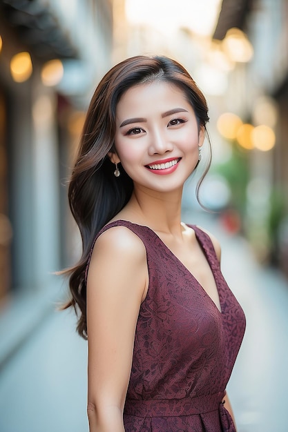 Asian woman wearing dress smiling on blurred background