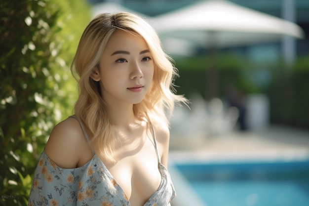 Asian woman wearing floral dress standing by the pool