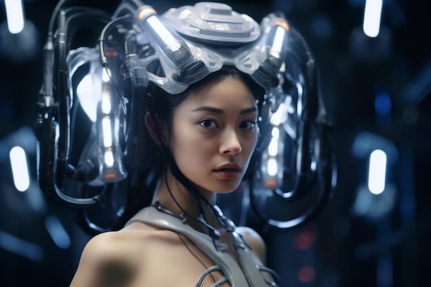 Photo an asian woman wearing a futuristic headpiece