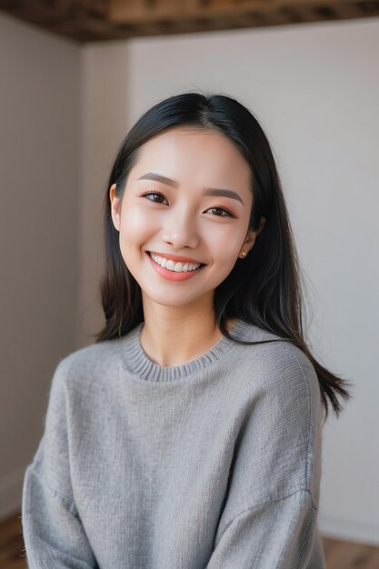 Asian woman wearing gray sweater smiling