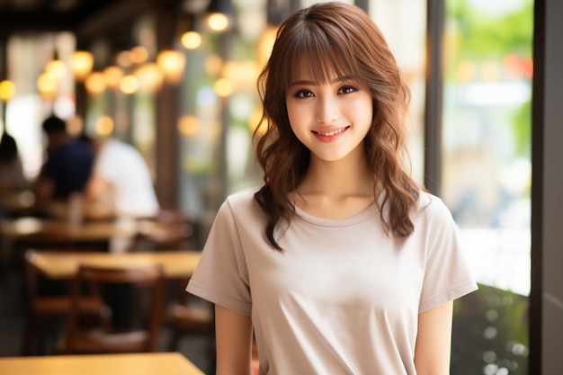 Asian woman wearing gray tshirt smiling on blurred background