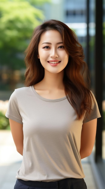 회색 티셔츠를 입은 아시아 여성이 흐릿한 배경에 미소 짓고 있다