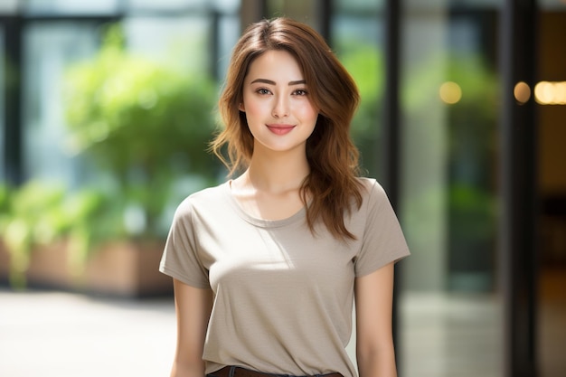 Asian woman wearing gray tshirt smiling on blurred background
