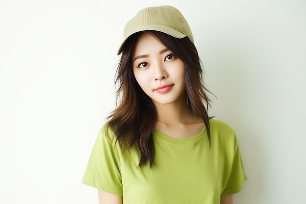 Asian woman wearing green tshirt and hat smiling on white background