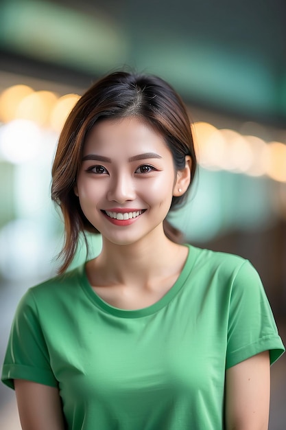 Asian woman wearing green tshirt smiling on blurred background