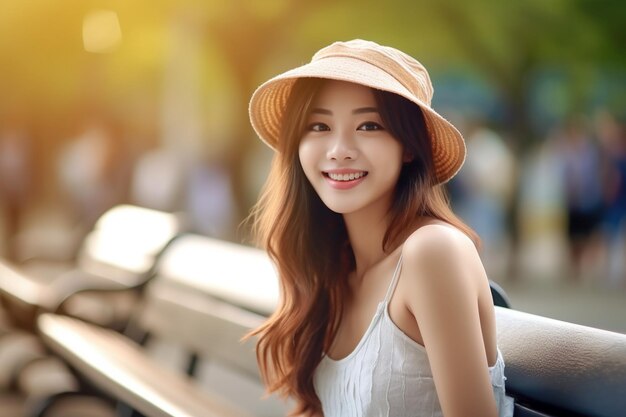 Asian woman wearing hat smiling on park bench