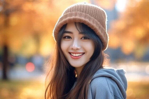 Asian woman wearing hat smiling in park