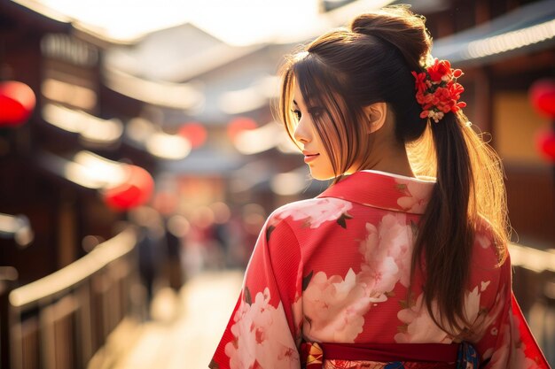 Asian woman wearing japanese traditional kimono at Yasaka Pagoda in Kyoto Japan