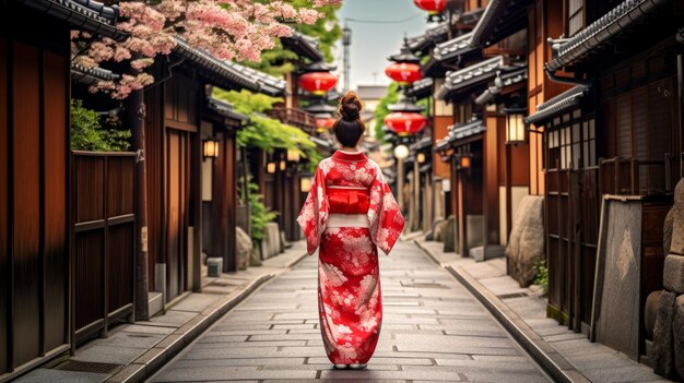 Asian woman wearing japanese traditional kimono at yasaka pagoda and sannen zaka street in kyoto japan