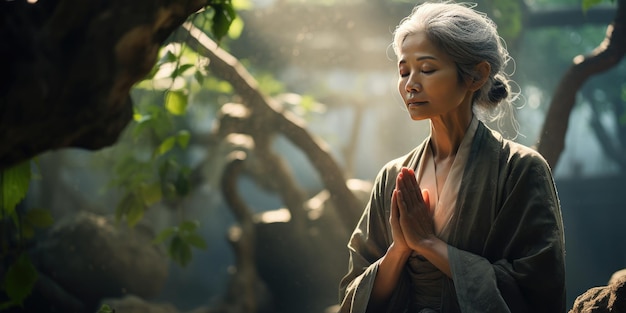 Азиатская женщина в кимоно Молитва в святилище Японская традиционная одежда Генеративный ИИ