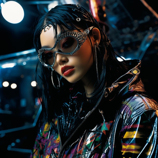 Asian woman wearing leather jacket Acid graphics 2000s style cyberpunk